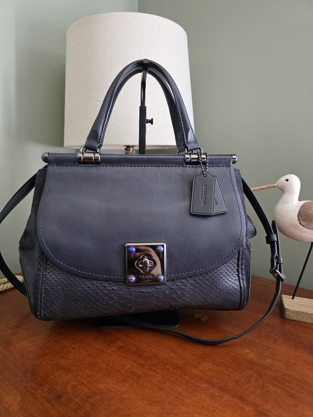 Coach 54076 Drifter Carryall Lapis Snake Embossed Navy Leather Suede Bag